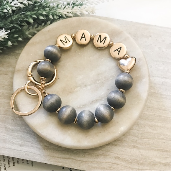 Jewelry - Mama Wood Beaded Keychain Bracelet - Gray